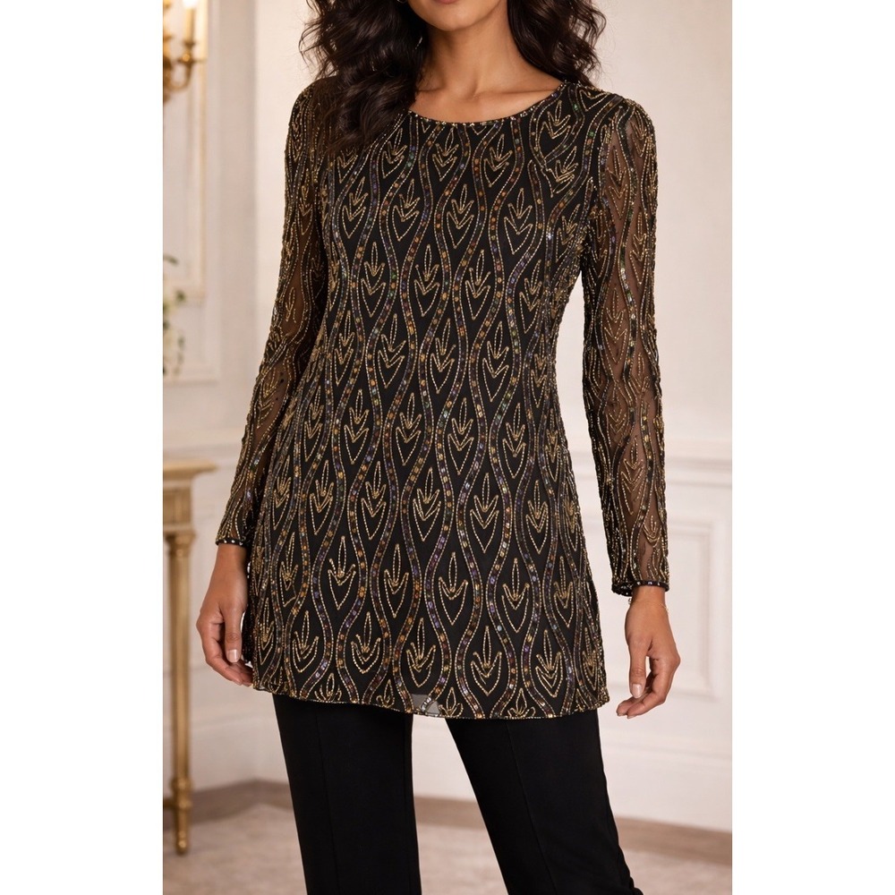 Vintage Stenay Size Large Black Silk Beaded Sequin Tunic Blouse Top